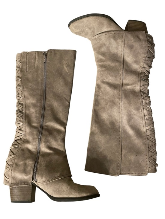 Fergalicious By Fergie Shoes - H6- Fergalicious Women's Taupe Knee-High Block Heel Boots - Stylish Side Detail